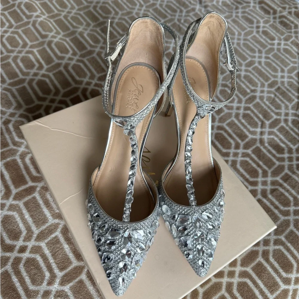Badgley Mischka jewel Silver Embellished T-Strap Pumps